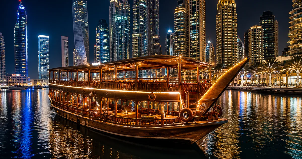 Dhow cruise in Dubai Marina at night