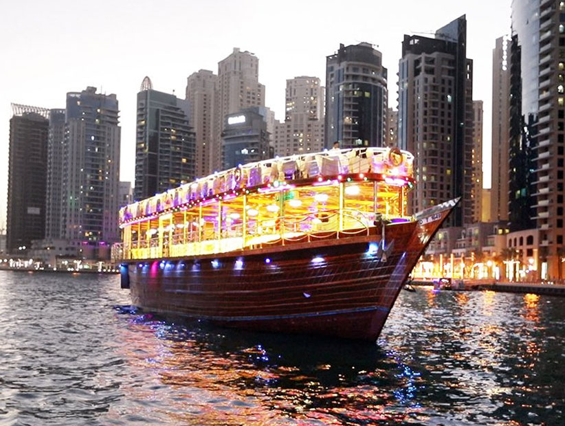 Dhow cruise dinner at Dubai Marina with skyline views